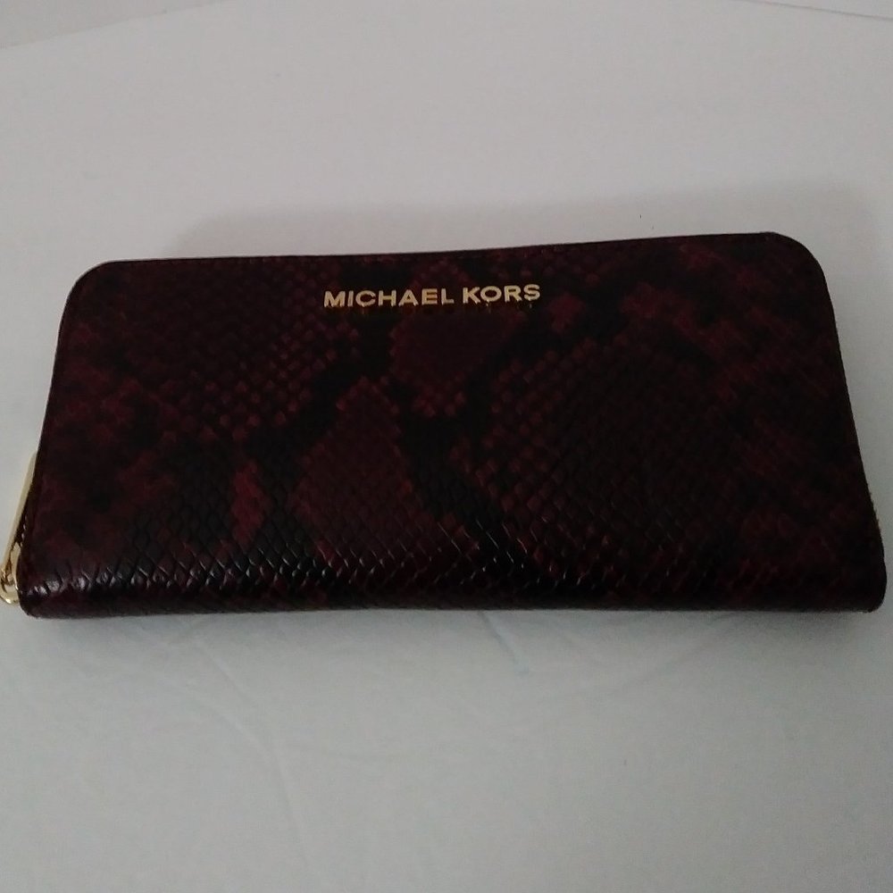 Michael Kors Burgundy Designer Snake Skin Zip Wallet